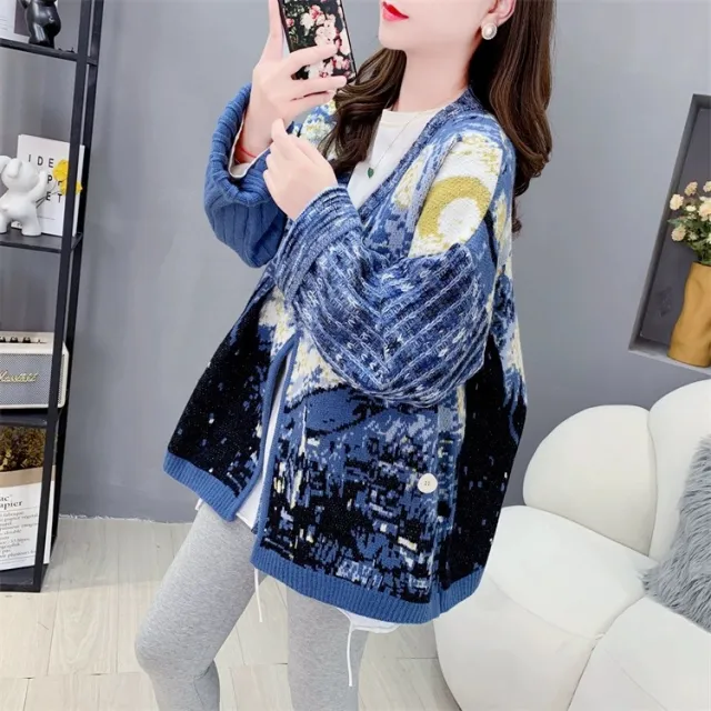 Retro Ethnic Style Knitted Cardigan For Women Loose Sweater Coat Blue - Shop at LoveMi