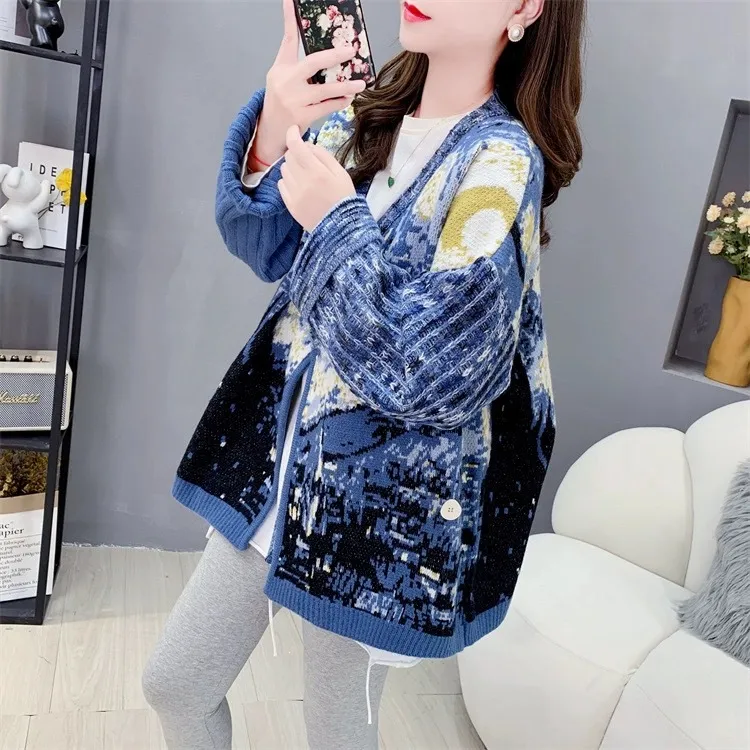 Retro Ethnic Style Knitted Cardigan For Women Loose Sweater Coat - Blue