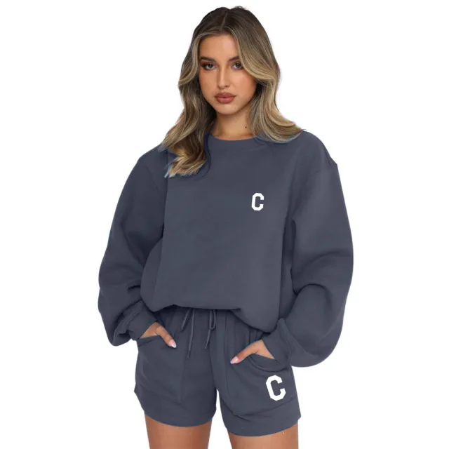 Autumn And Winter New Fleece Fashion Letter Casual Suit Gray - Shop at LoveMi