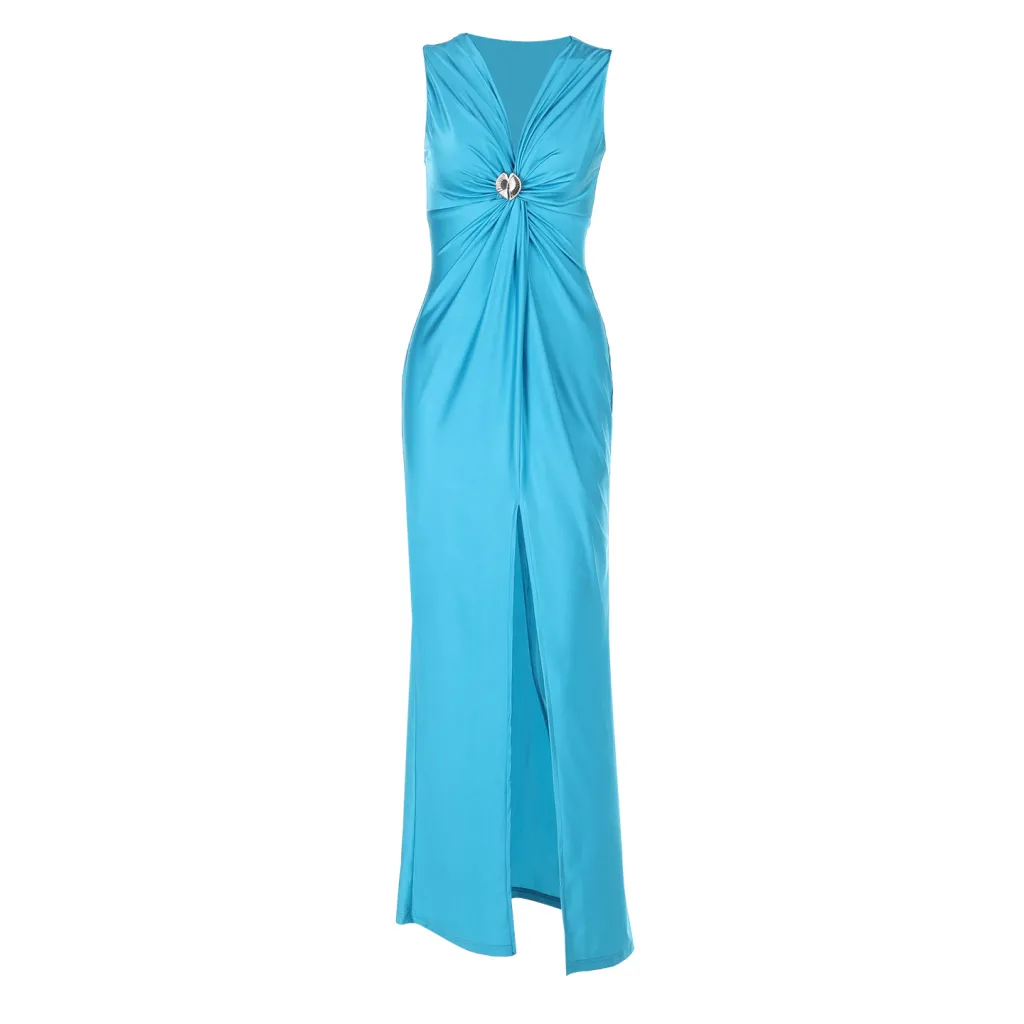 European And American Sexy Deep V-neck Slit Dress - Lake Blue