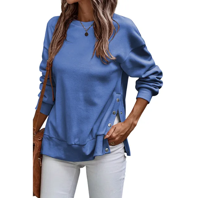 Solid Color Pullover Women's European And American Leisure Style Slit Loose Flab Hiding Long Sleeve Bathroom Lc25316883P705Color M - Shop at LoveMi