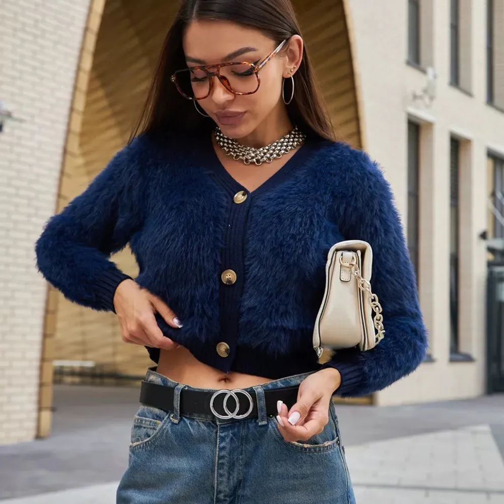 Mink Sweater Women's Long-sleeved Short Knitted Jacket - Blue