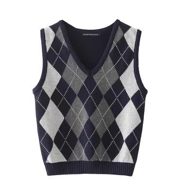 Retro Preppy Style Versatile Diamond-Check BM Knitted Vest