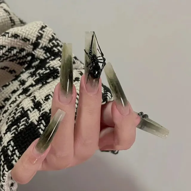 Dark Green Jade Smudges National Style Cold Feeling Spider Hand worn Nail 30Mm Long - Shop at LoveMi