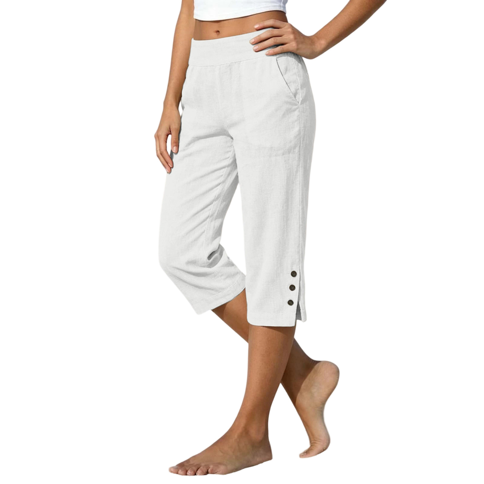 Women's cropped straight-leg pants – button detail and slit front close-up