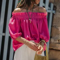 Women's Puff Sleeve Loose Elegant Casual Top - Rose - View 1