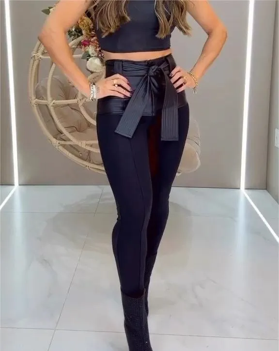 Women's Stitching Leather Belt Trousers Black - Shop at LoveMi