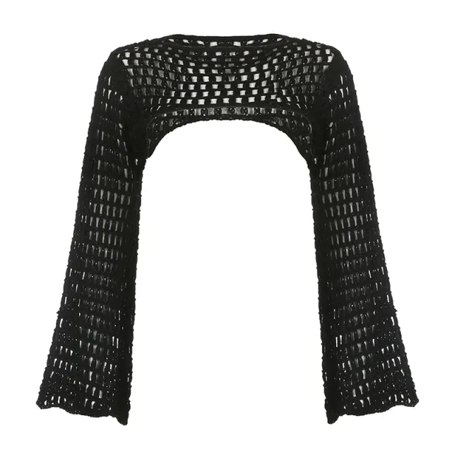 Loose Flare Long Sleeve Short Solid Hollow Sweater Black - Shop at LoveMi
