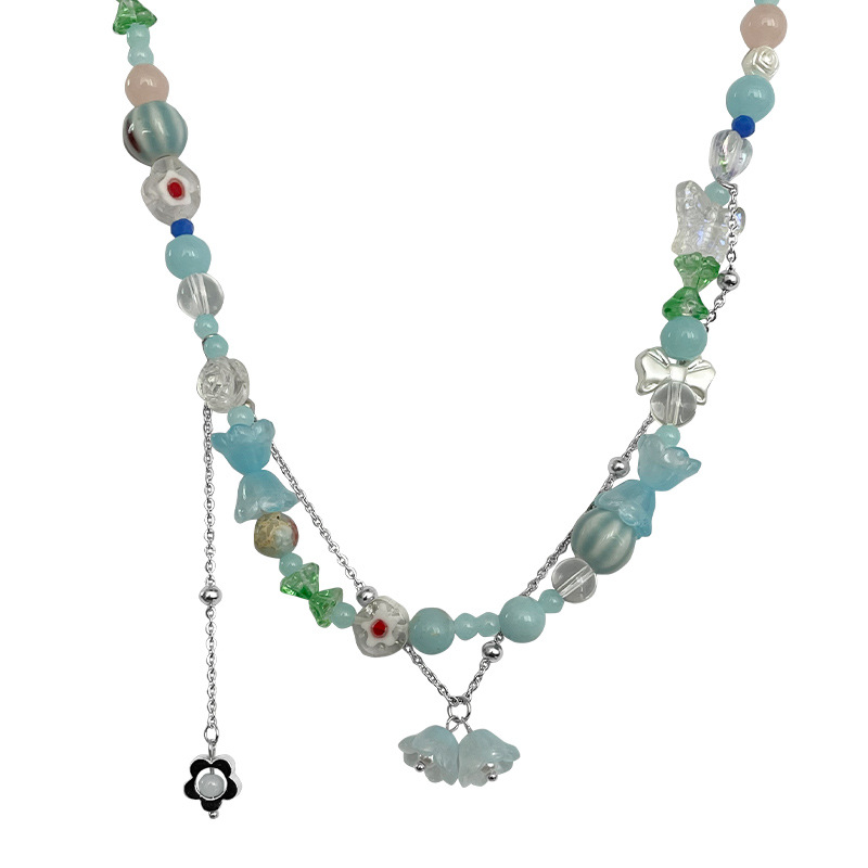 Blue Color Matching Beaded Flower Necklace