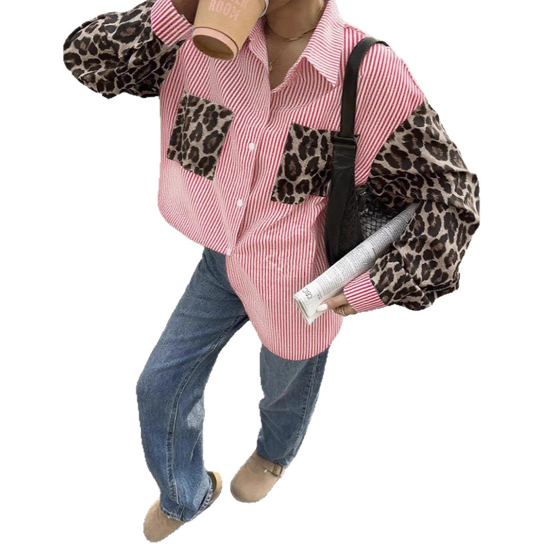 Womens Loose Casual Leopard-Print Patchwork Striped Pocket Long-Sleeve Shirt For Amazon