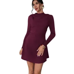 Fashionable Slim-fit Long-sleeve Mock-neck Stretch A-line Skirt - Red - View 1