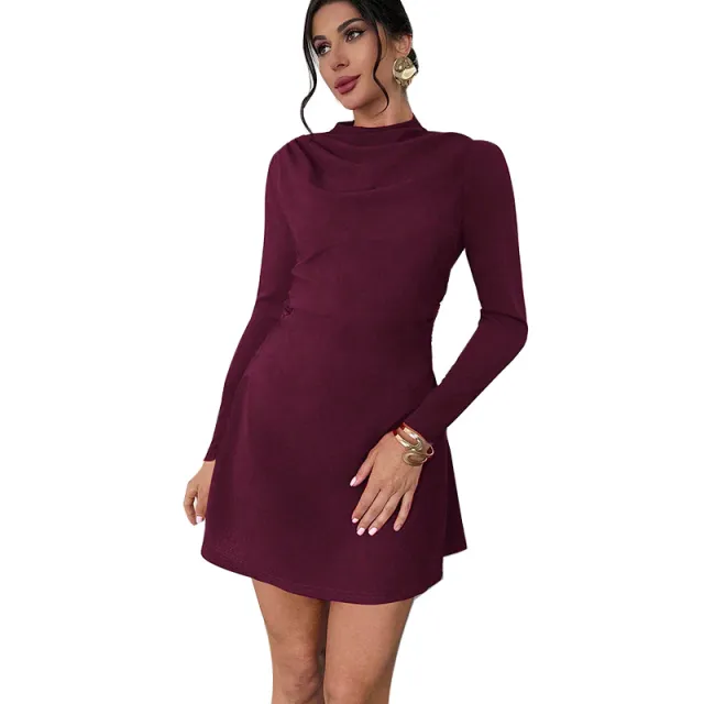 Fashionable Slim fit Long sleeve Mock neck Stretch A line Skirt Red - Shop at LoveMi