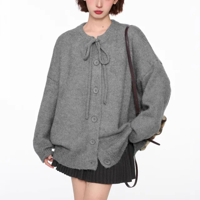 Lace up Crew Neck Single breasted Sweater Coat Gray - Shop at LoveMi