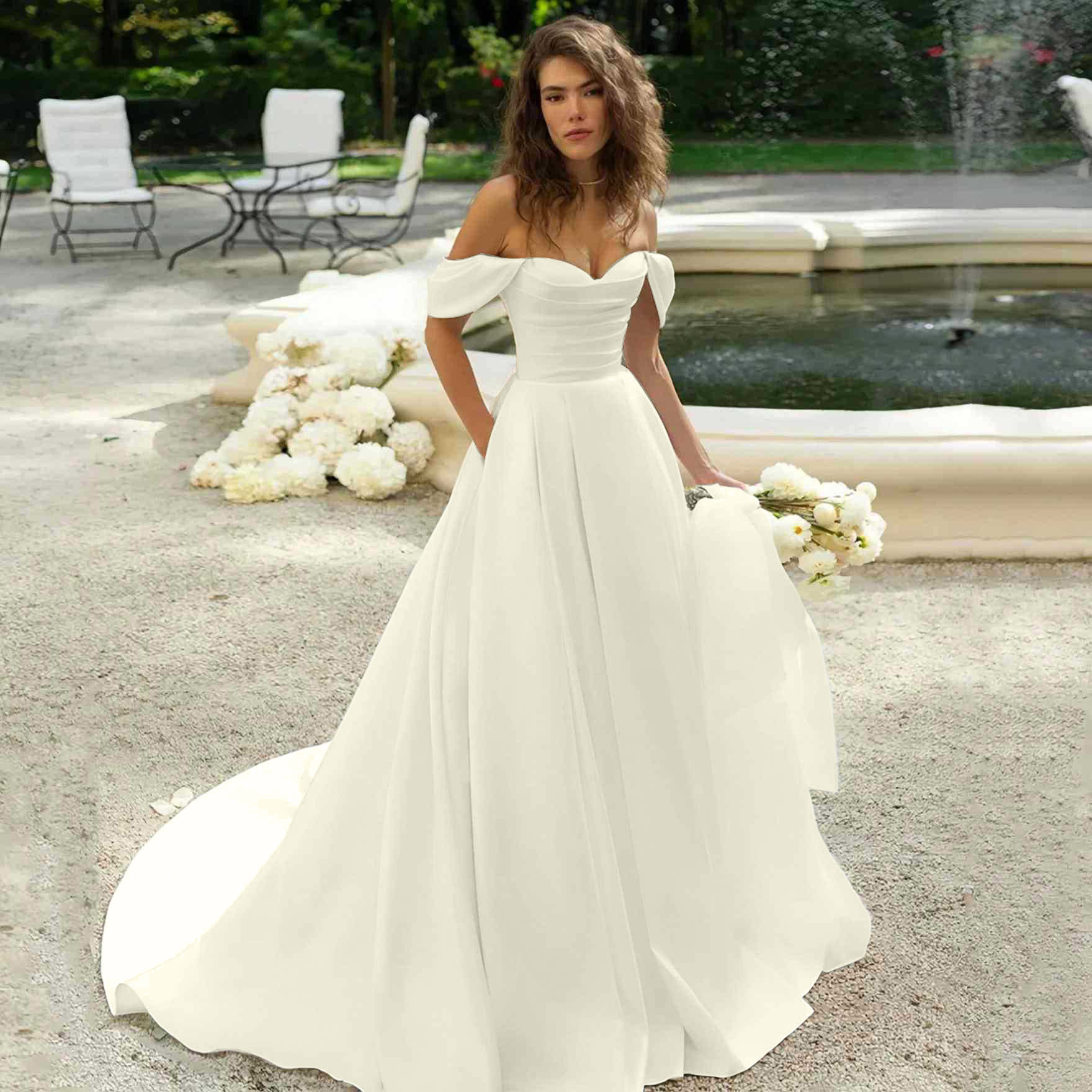 Color: Ivory White, Size: US6 - French-style Off-shoulder Slimming Puff Dress