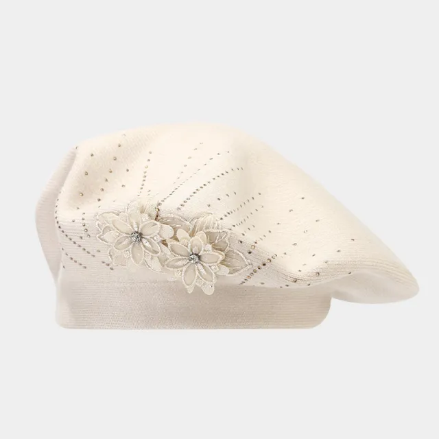 British Retro Beret Women's Fashion Flower Rhinestone Knitted Painting Beige - Shop at LoveMi