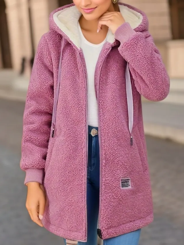 Winter Fleece Hooded Jacket Fashion Casual Zip up Pockets Long Sweatshirt Warm Commuter Women's Clothing Pink - Shop at LoveMi