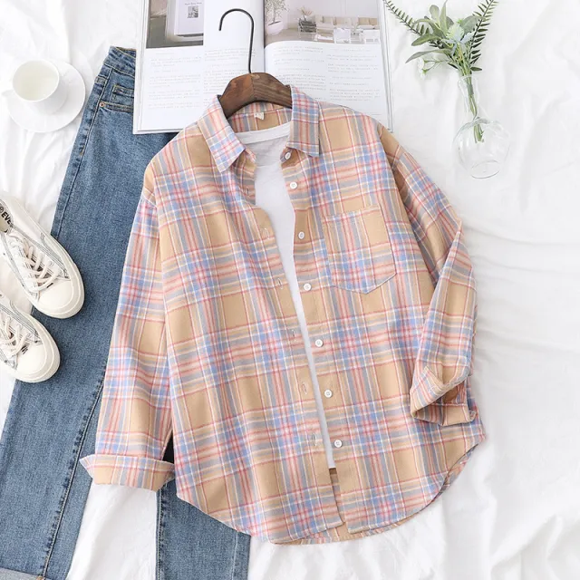Plaid Shirt Women's Design Sense Niche Outdoor Wear Apricot - Shop at LoveMi