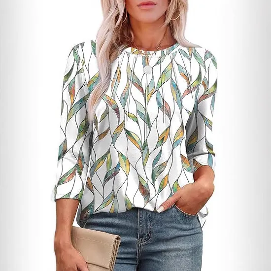 Casual Pleated Round Neck Printed Top Anemone - Shop at LoveMi