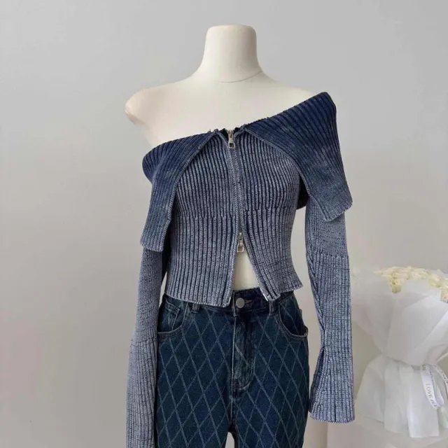 Women's Shoulder baring Slimming Short Top Blue - Shop at LoveMi