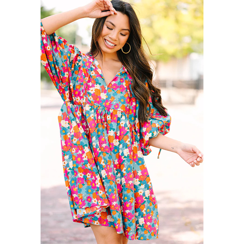 Women's Loose High Waist Floral Print Half-length Sleeve Dress