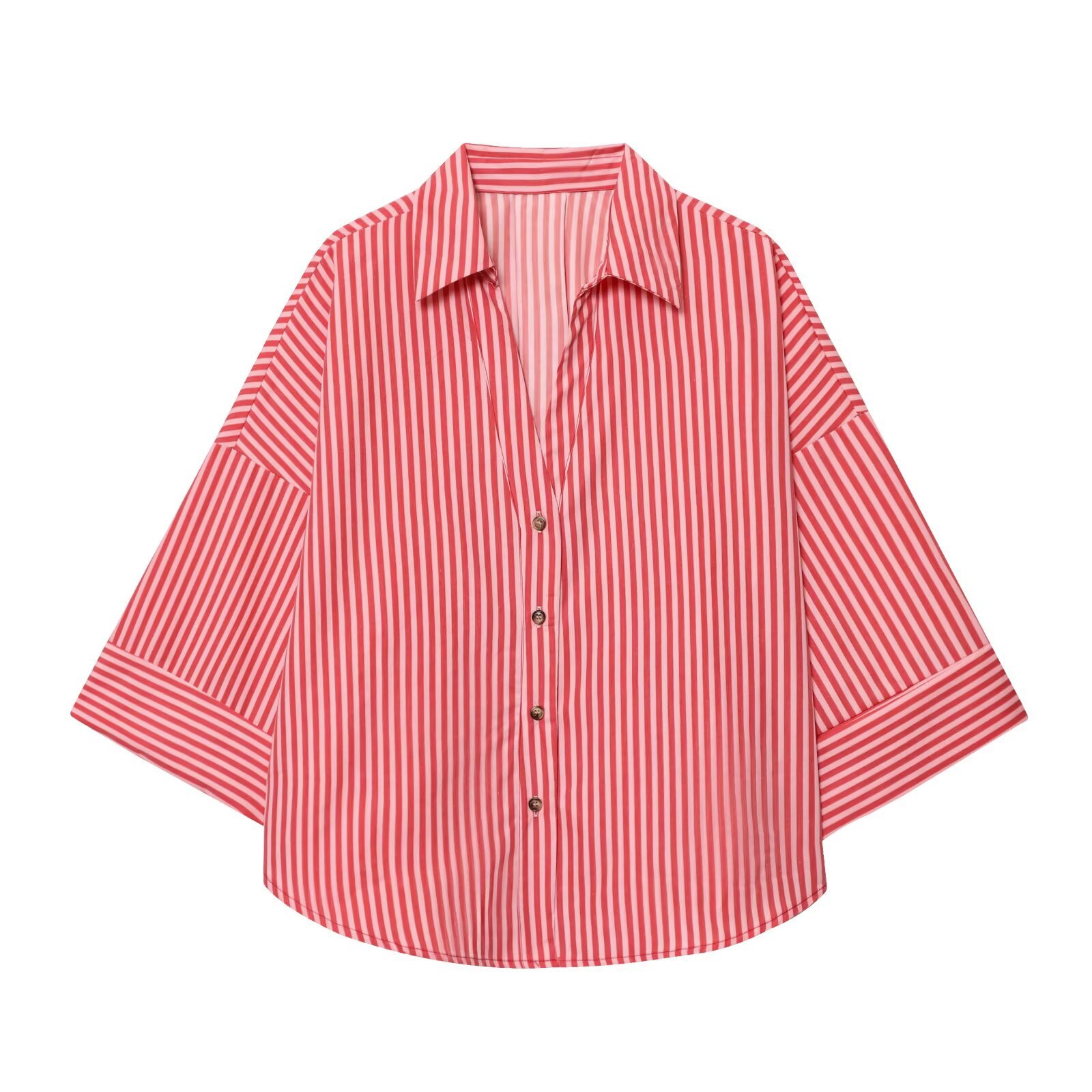 Women's Fashionable Slim-Fit Linen Multi-Color Striped Long-Sleeve Shirt