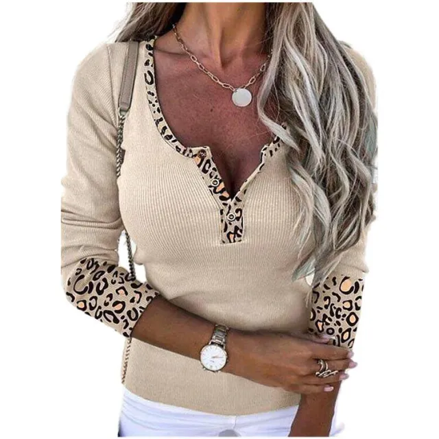 Leopard Splicing V neck Buttons Top Sexy Slim Fit T shirt Leopard - Shop at LoveMi