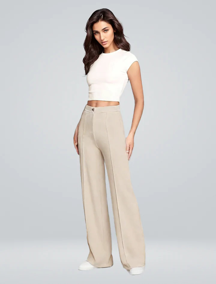 Women's high-waisted flare pants with stitching detail in apricot – straight leg elegant