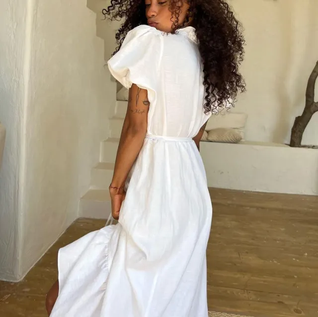 Summer Short Sleeve V neck Lace up Design Sense Temperament Leisure Long Dress White - Shop at LoveMi
