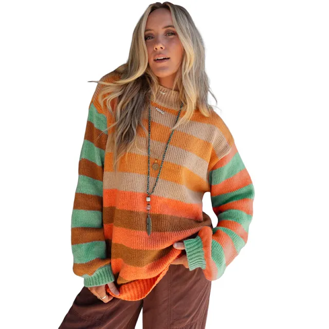 Women's Creative Striped Pullover Round Neck Long Sleeves Sweater Orange - Shop at LoveMi