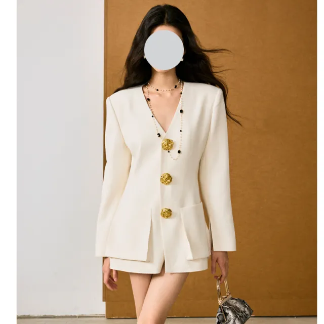 White Small Suit V neck Embossed Metal Buckle Waist Trimming Coat Women White - Shop at LoveMi
