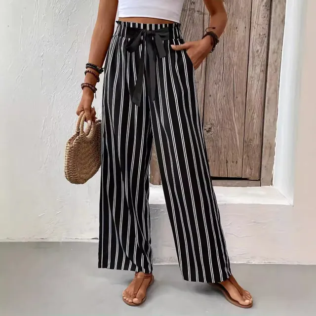 Striped Wide leg Casual Pants High Waist Straight Loose Black - Shop at LoveMi