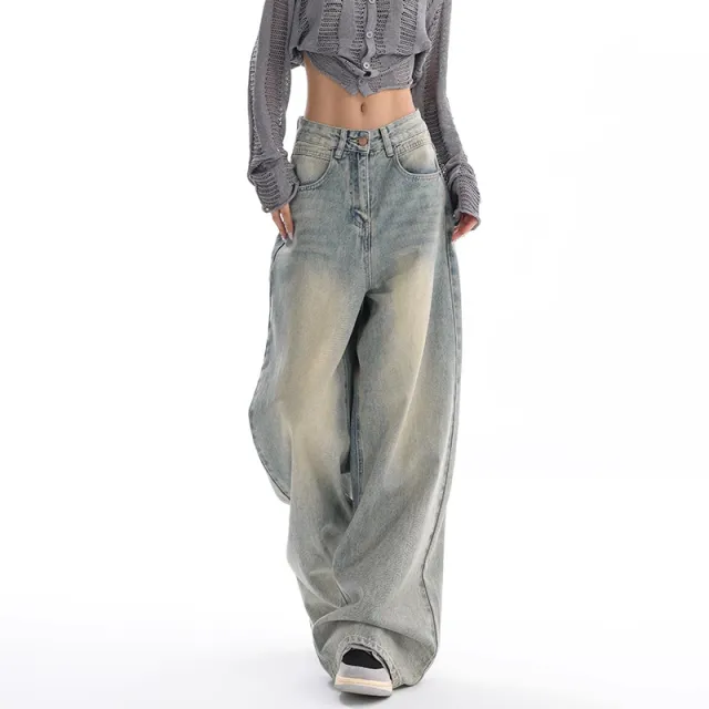 Retro Denim American Style Loose Slimming Mop Wide Leg Pants Blue - Shop at LoveMi