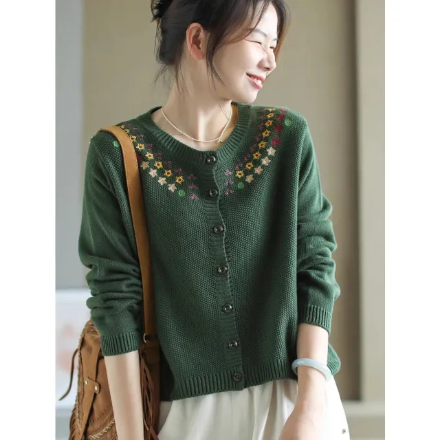 Womens Retro Embroidered Knitted Cardigan Red - Shop at LoveMi
