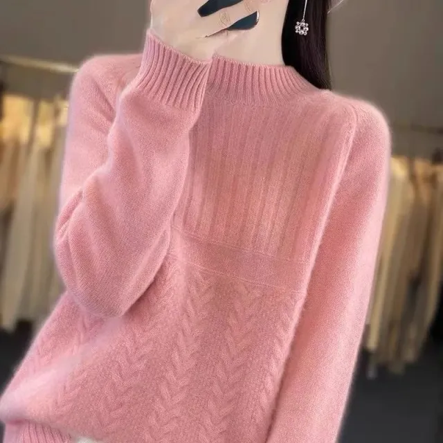 Loose fitting Women's Turtleneck Base Sweater For Outerwear Leather Pink - Shop at LoveMi