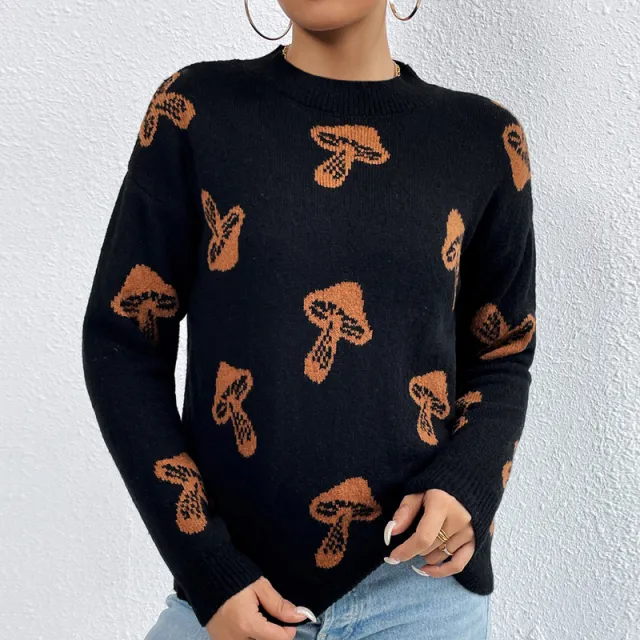 Jacquard Round Neck Pullover Knitted Sweater Women Black - Shop at LoveMi