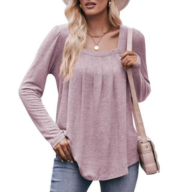Casual Puff Sleeve Square Collar Pleated Long Sleeve Light Purple - Shop at LoveMi