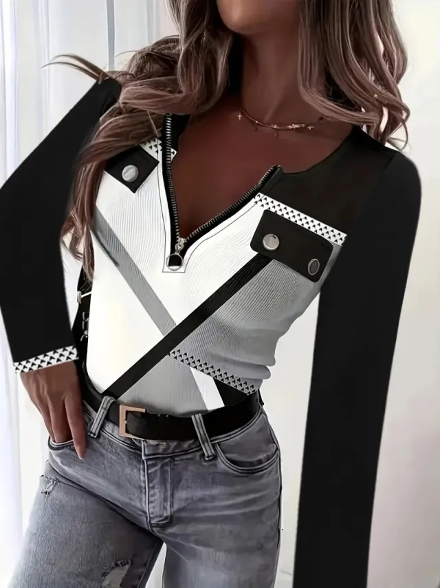 V collar Contrast Color Printed Slim fit Pullover Zipper Top Black - Shop at LoveMi