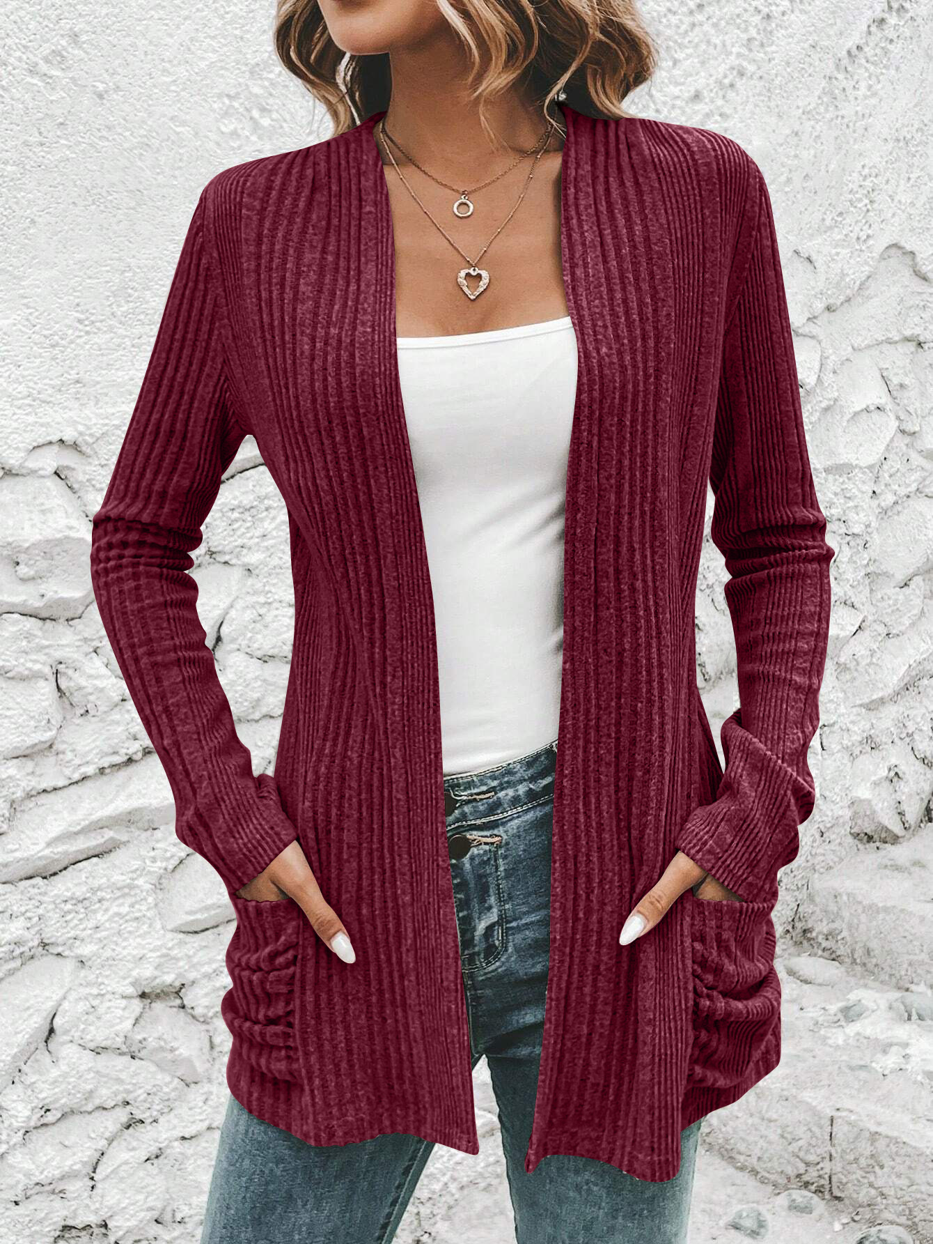 Autumn And Winter New Long Sleeve Solid Color Mid length Knitted Cardigan Pocket Coat Sweater Women Dark Red - Shop at LoveMi