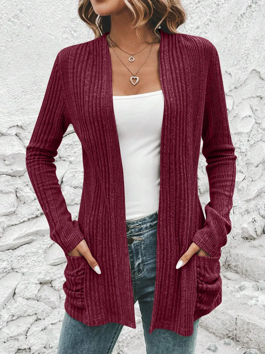 Autumn And Winter New Long Sleeve Solid Color Mid-length Knitted Cardigan Pocket Coat Sweater Women - Dark Red