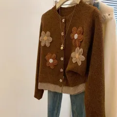 Korean Style Flower Loose Sweater Women's Autumn And Winter Lazy Embroidery - Brown - View 1