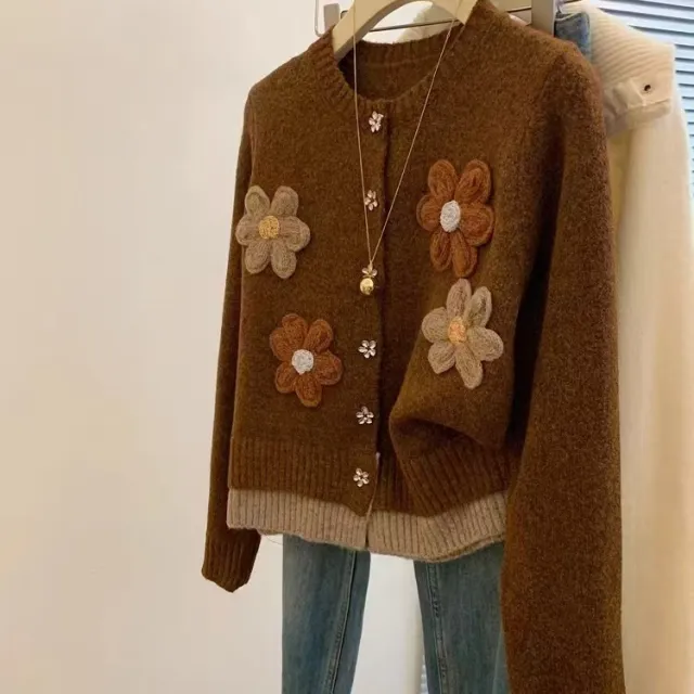 Korean Style Flower Loose Sweater Women's Autumn And Winter Lazy Embroidery Brown - Shop at LoveMi