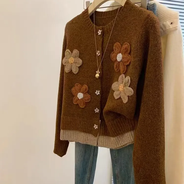 Korean Style Flower Loose Sweater Women's Autumn And Winter Lazy Embroidery - Brown