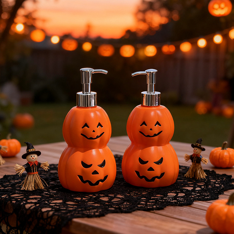 Pump-style Dispensing Bottle In The Shape Of A Jack-o-lantern Face