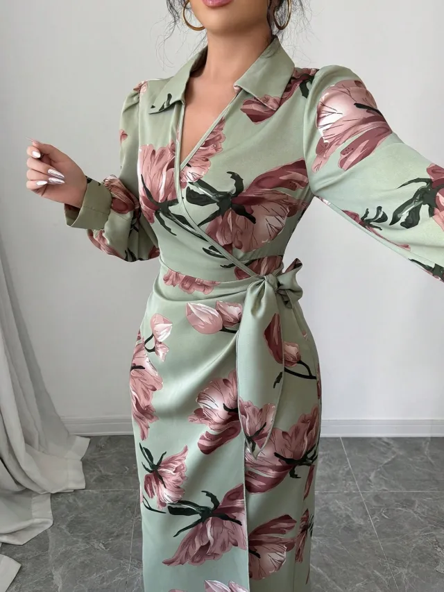 Long Sleeve Printed Tie Dress Army Green - Shop at LoveMi