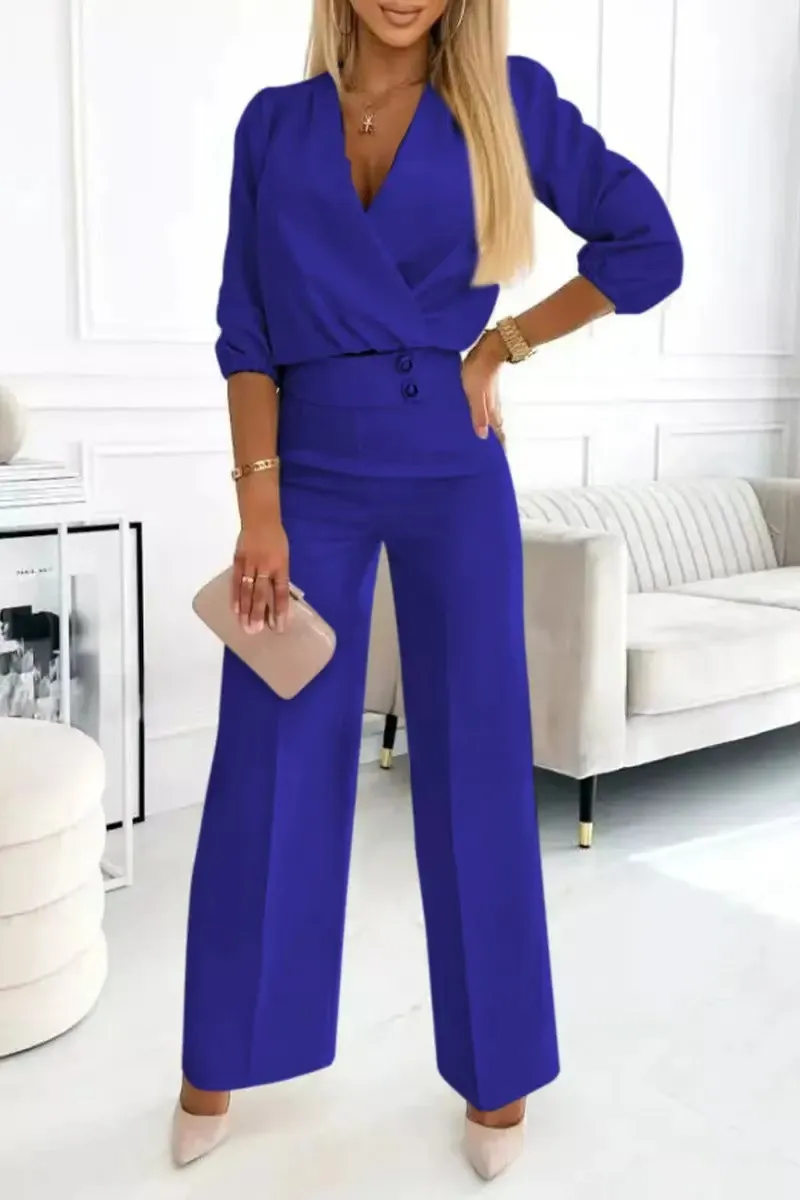 Women's Solid Color And V-neck Two-button 2-piece Trousers Suit - Dark Blue