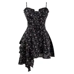 Women's Black Floral Casual Set - Suspender Skirt - View 1