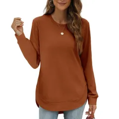 Round Neck Irregular Hem Long Sleeve Loose Casual Women's Blouse - Dark Brown - View 1