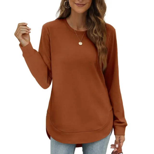 Round Neck Irregular Hem Long Sleeve Loose Casual Women's Blouse Dark Brown - Shop at LoveMi