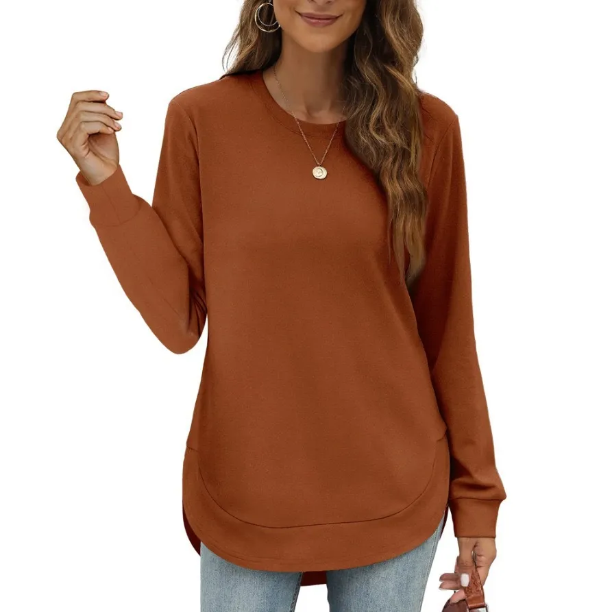 Round Neck Irregular Hem Long Sleeve Loose Casual Women's Blouse - Dark Brown