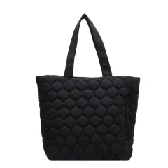 Rhombus Cotton-padded Coat Shoulder Tote Bag - Black - View 1